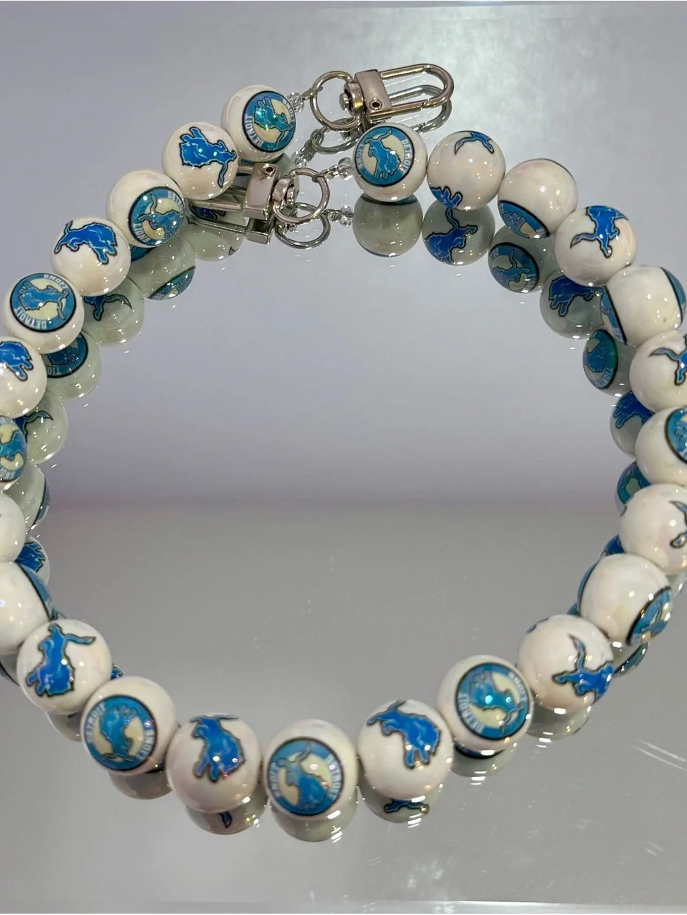 New White and Blue Beaded Lion Bag Chain 18 inches